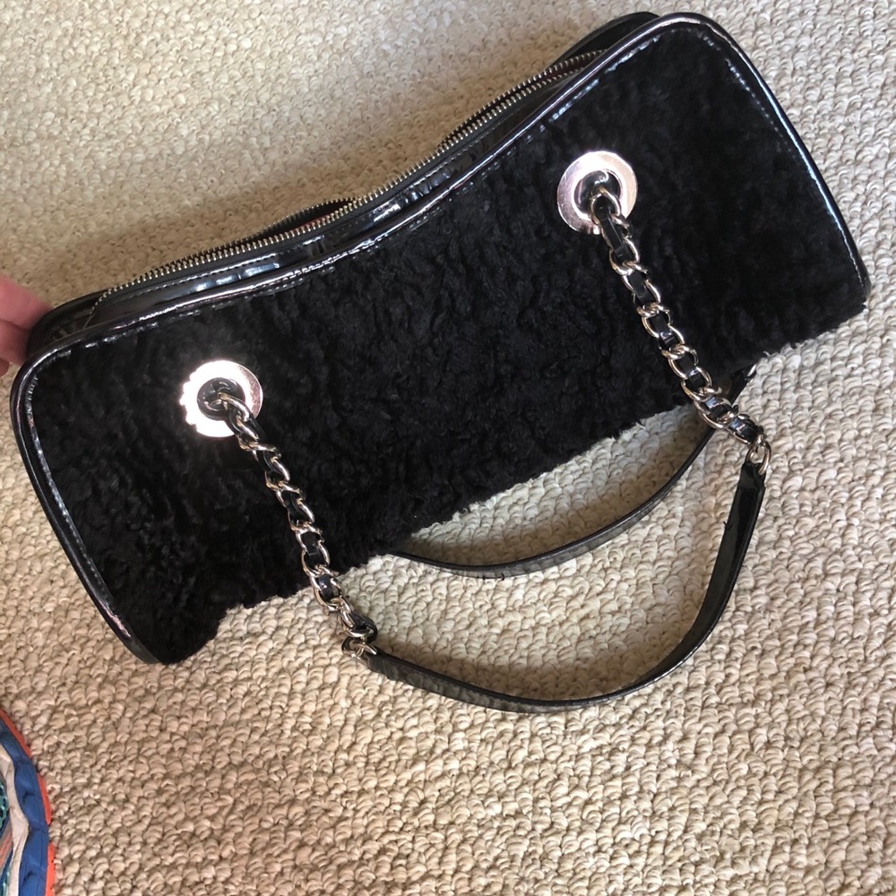 Faux fur patent leather bag. Trina Turk